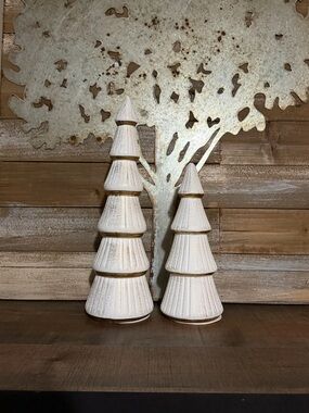 Christmas Tree Figurine White and Gold Wooden, Tree Figurines Decorative